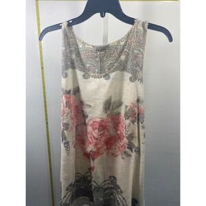 Agate Womens Floral Paisley Tank Top Cream Pink Boho Sleeveless Knit Scoop Neck